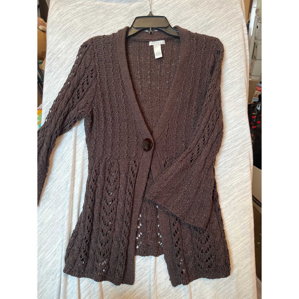 Tweeds Womens Brown Open Knit Single Button Cardigan Sweater Bell Sleeve Large